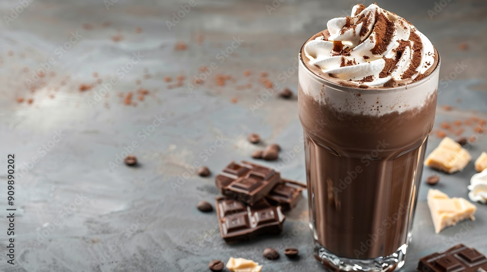 Poster chocolate milkshake with whipped cream served in glass on the light gray table : generative ai