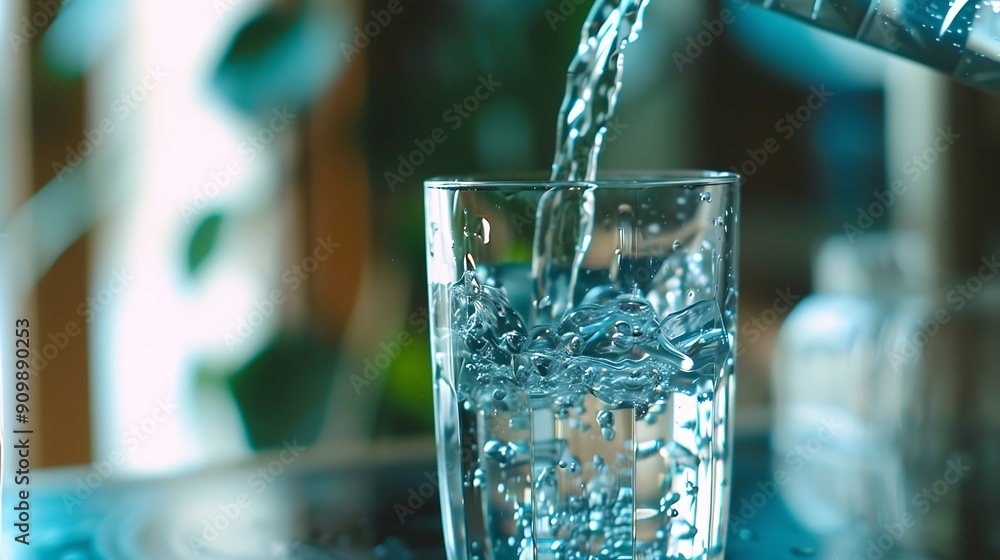 Poster pouring drinking water in a transparent glass isolated on abstract background with glass table water resource concept with copy space : Generative AI