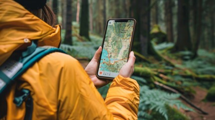 Adventure Awaits Hiker Mapping Out Route on Phone with GPS App Backpack and Trail Maps in Scenic OvertheShoulder Shot