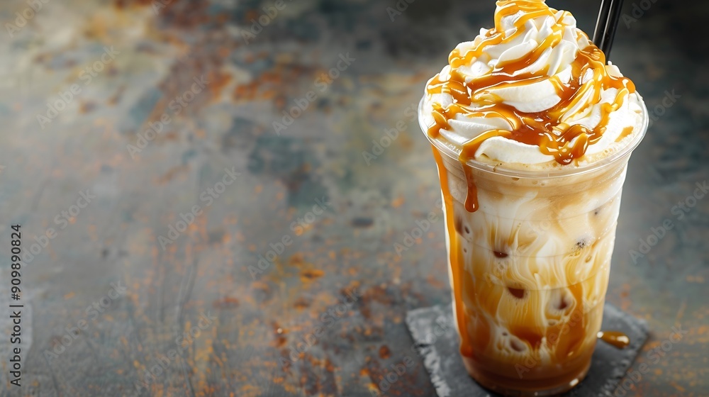 Poster iced caramel latte topped with whipped cream and caramel sauce refreshing and sweet coffee drink : g