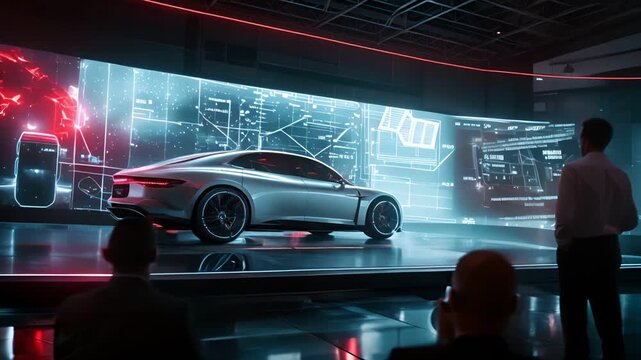 A man presents a sleek, futuristic electric car on a stage with large screens displaying technical data.