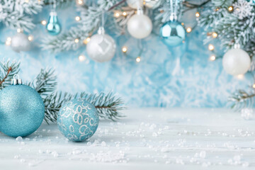 Fototapeta premium Blue Christmas ornaments with pine branches and festive lights.