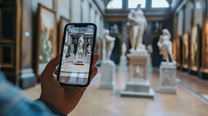 Immerse Yourself in Art Virtual Museum Tour on Smartphone with Blurred Sculptures and Art Pieces in Background
