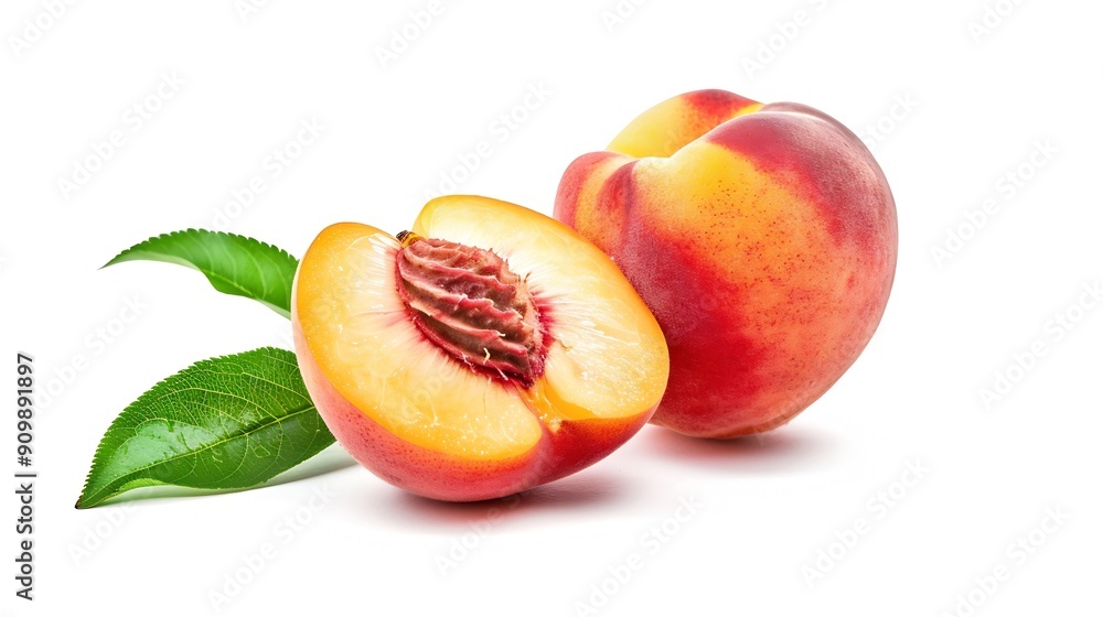Aufkleber Ripe peach fruit with leaf isolated on white background Clipping Path Full depth of field : Generative AI