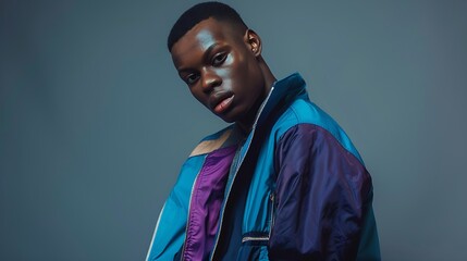Obraz premium Handsome African American man in blue and purple jacket poses confidently : Generative AI