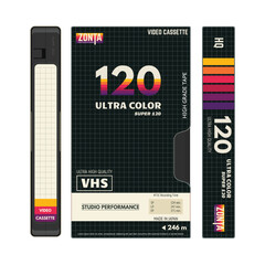 Retro style VHS video cassettes front view with label and black cover, cover side view. Empty labels with lines for text. Magnetic cassette label fantasy 90s cover design. Vector illustration.
