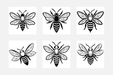 Bee Silhouette Designs on White Background Artwork Set
