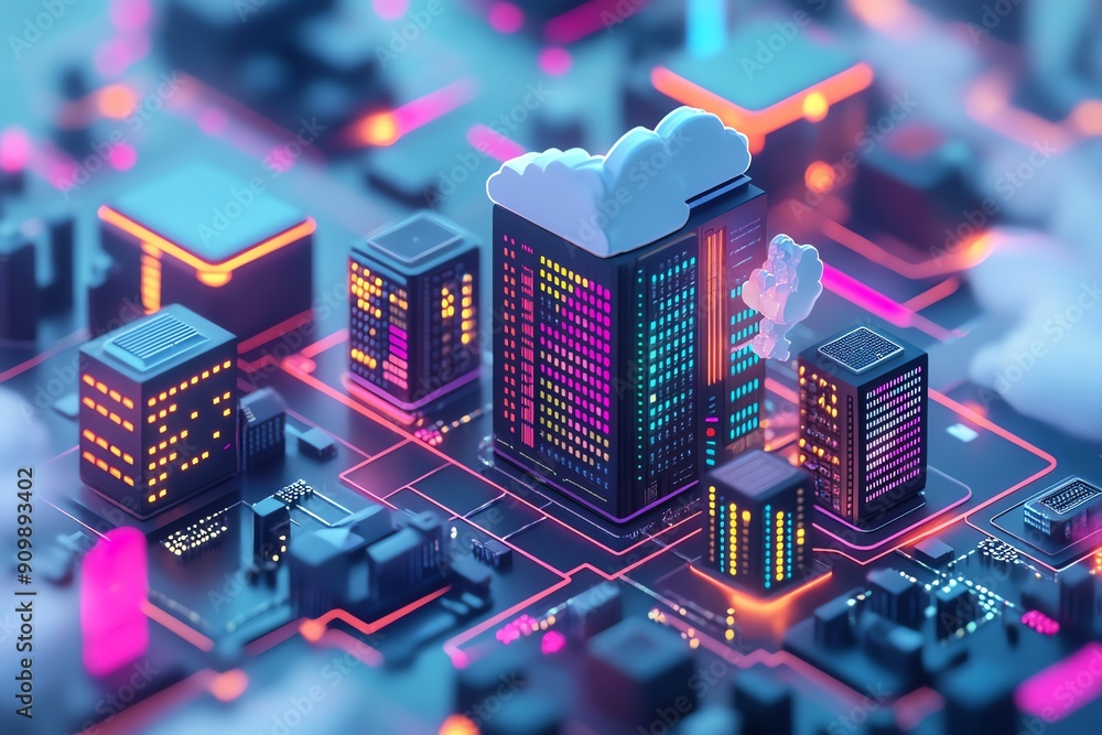 Poster futuristic cloud server architecture.