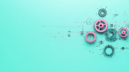 Obraz premium Minimalistic Background With White And Red Gears On Turquoise Blue, Flat Lay, Top View, Copy Space For Tech Or Marketing. 