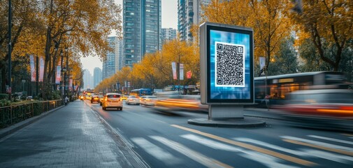 Digital billboard with QR code on city street in autumn. Cars passing by with motion blur and skyscrapers in the background. a touchscreen system into your broadcast setup to streamline operations