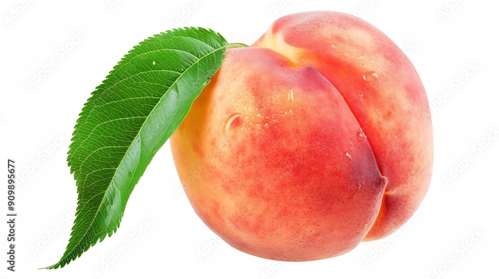 Aufkleber Ripe peach fruit with leaf isolated on white background Clipping Path Full depth of field : Generative AI