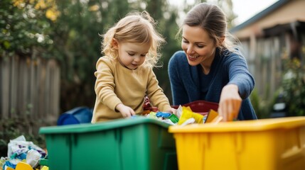 A mother and her child are sorting waste into recycling bins together, enjoying the activity