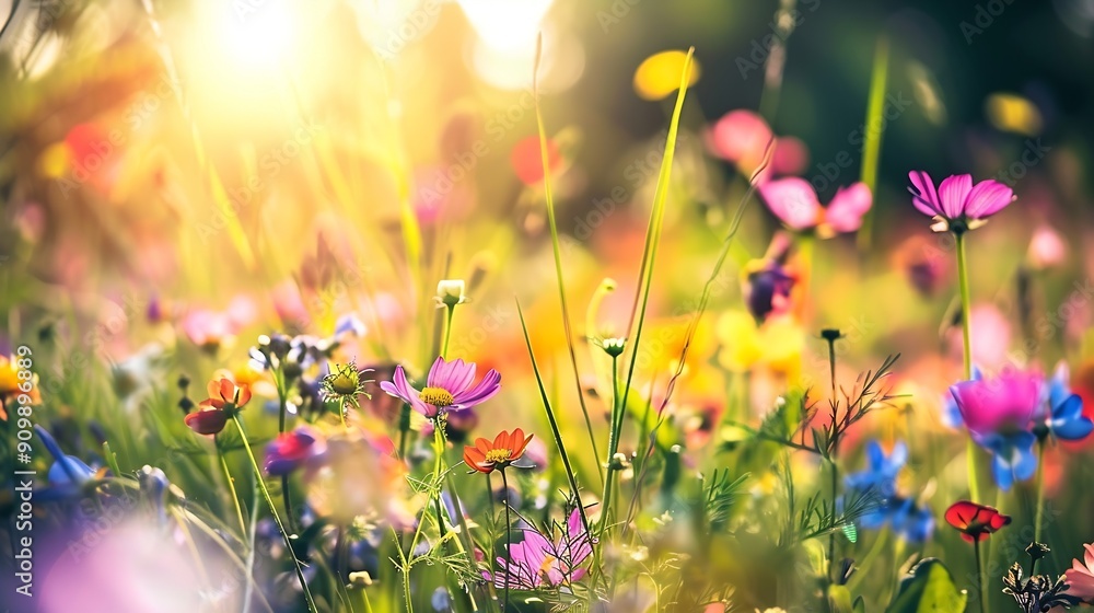 Poster Meadow colorful flowers  outdoors in sunny day on bright nature background vivid wild flowers in meadow in countryside  in summertime close up view : Generative AI