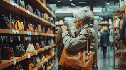 Fototapeta premium Elderly woman in casual clothes chooses leather handbag in shoe store : Generative AI