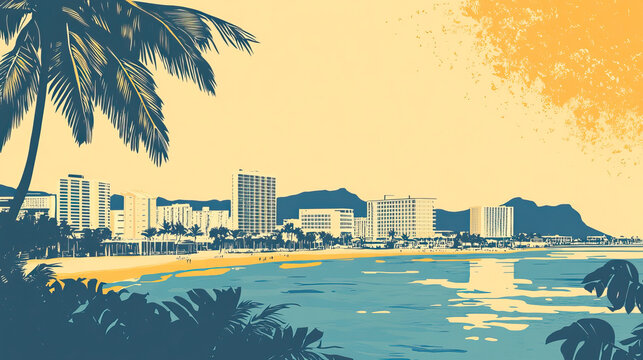 Risograph trendy riso print travel poster, card, wallpaper or banner illustration, modern, isolated, clear, simple of Hagatna, Guam