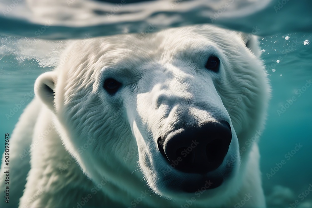 Wall mural close bear up polar underwater closeup water looking mammal animal swim ice cold arctic movement fur claw paw gentle stare1 single isolated bubble blue white climate change sea gaze air