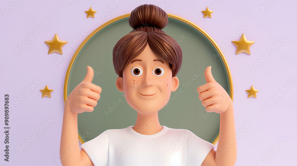 Poster animated character expressing positive emotions with thumbs up gesture against a colorful background