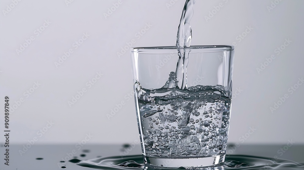 Poster pouring drinking water in a transparent glass isolated on abstract background with glass table water resource concept with copy space : Generative AI