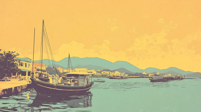 Risograph vintage riso print travel poster, card, wallpaper or banner illustration, modern, isolated, clear, simple of Haiphong, Vietnam. Texture, backdrop, screen printing, stencil
