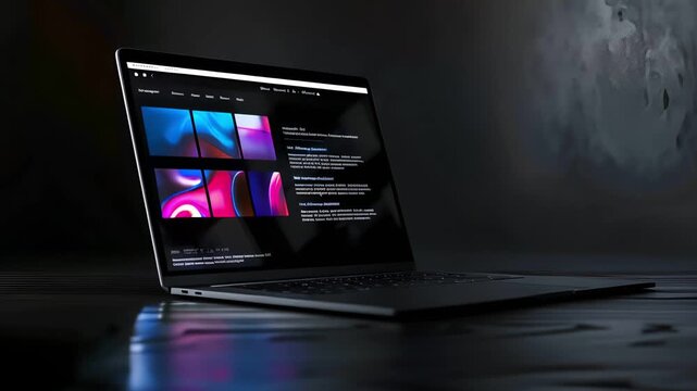 A sleek, modern laptop with a vibrant screen displaying a colorful website.  The laptop sits on a dark surface with a dramatic lighting effect.