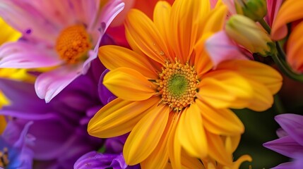Obraz premium colorful summer cut flower bouquet close up orange purple yellow and pink : Generative AI