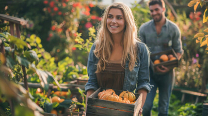 Obraz premium Happy couple working in garden together - Blond woman holding wood box with pumpkins handsome man is walking behind her - Models by AI generative