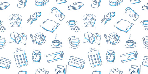 Hotel or hostel blue color pen doodle icon seamless pattern. Tourism, travel hand drawn illustrations on white background.