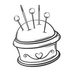 Cushion for pins and knitting needles line icon. Hand drawn retro pillow on stand with decorative pattern. Storage of sewing and knitting equipment mascot, outline tools icon vector illustration