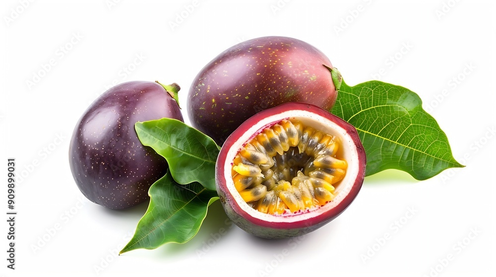Poster passion fruit isolated with leaf passion maracuya fruit on white background with clipping path as de