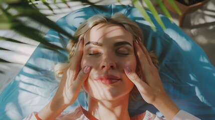 Fototapeta premium Beauty And Relaxation Young blonde woman enjoying facial massage lying on spa bed indoor at beauty salon high angle shot of lady relaxing during facebuilding treatment : Generative AI