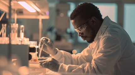 A scientist is carefully conducting experiments in a laboratory, utilizing glassware and precise tools under bright lights during the day