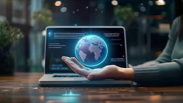 A hand holding a glowing digital globe above a laptop, representing global connectivity and technological advancement.