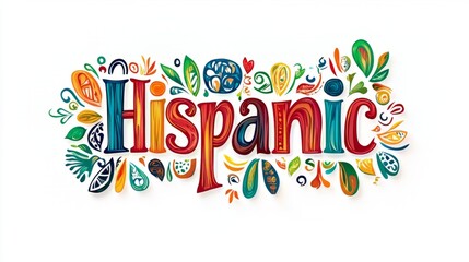 A colorful text Hispanic design on white background. National hispanic heritage month festival, Latin america culture, tradition and art.