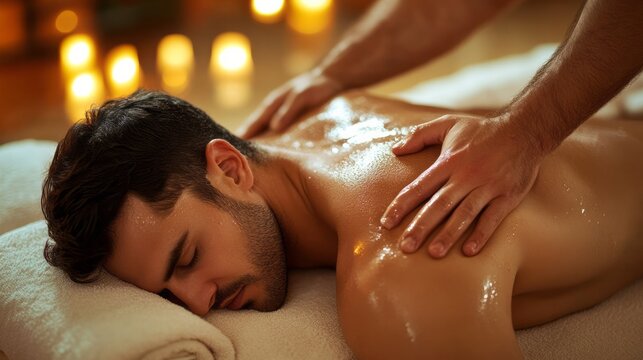 Spa procedure. A man is getting a massage. A relaxed man is getting a massage in a spa.