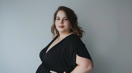 Naklejka premium model stylist woman model plus size black dress on white ion clothing store for curvy ladies business women : Generative AI