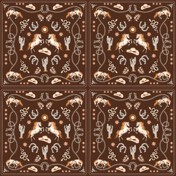 Trendy square pattern with horse , Rope, horse shoe, cowboy boots