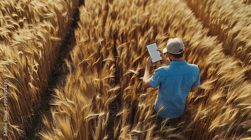 Poster farmer using tablet in wheat field view from above of a farmer in blue shirt using a tablet in a you