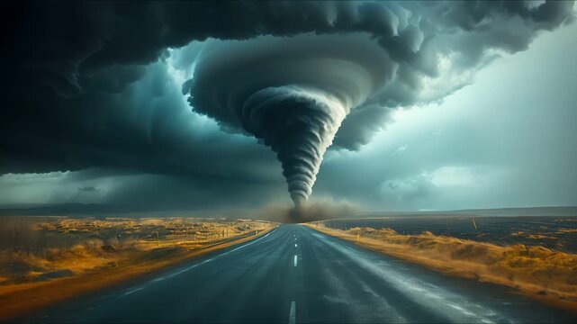 A powerful tornado descends upon a deserted highway, creating a dramatic scene of nature's fury.