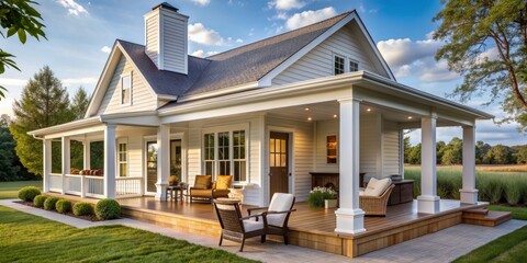 Fototapeta premium Inviting exterior of a sprawling modern farmhouse with white siding, spacious veranda porch, wicker furniture, BBQ smoker, electric heater, and gas fireplace on a sunny day.