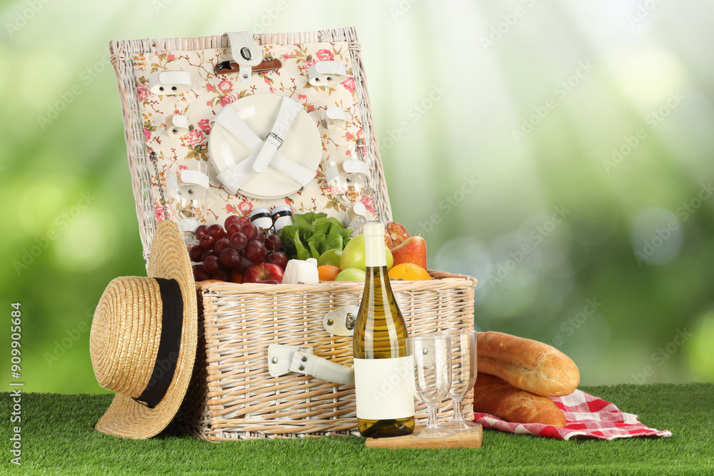 Poster Picnic basket with foods and wine on green grass outdoors. Space for text