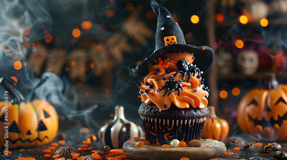 Poster halloween cupcake muffin with icing frosting topping of witch hat jack o lantern spider skull on cut