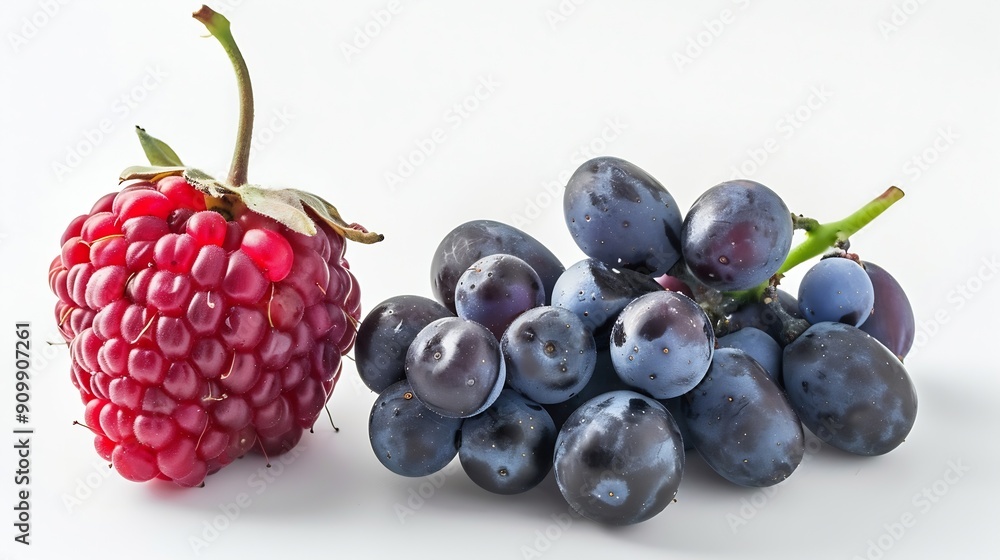 Poster One half of a berry and one bunch of grapes macro isolated on white background : Generative AI