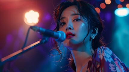 Beautiful Korean Female Singer Singing with Sad Expression