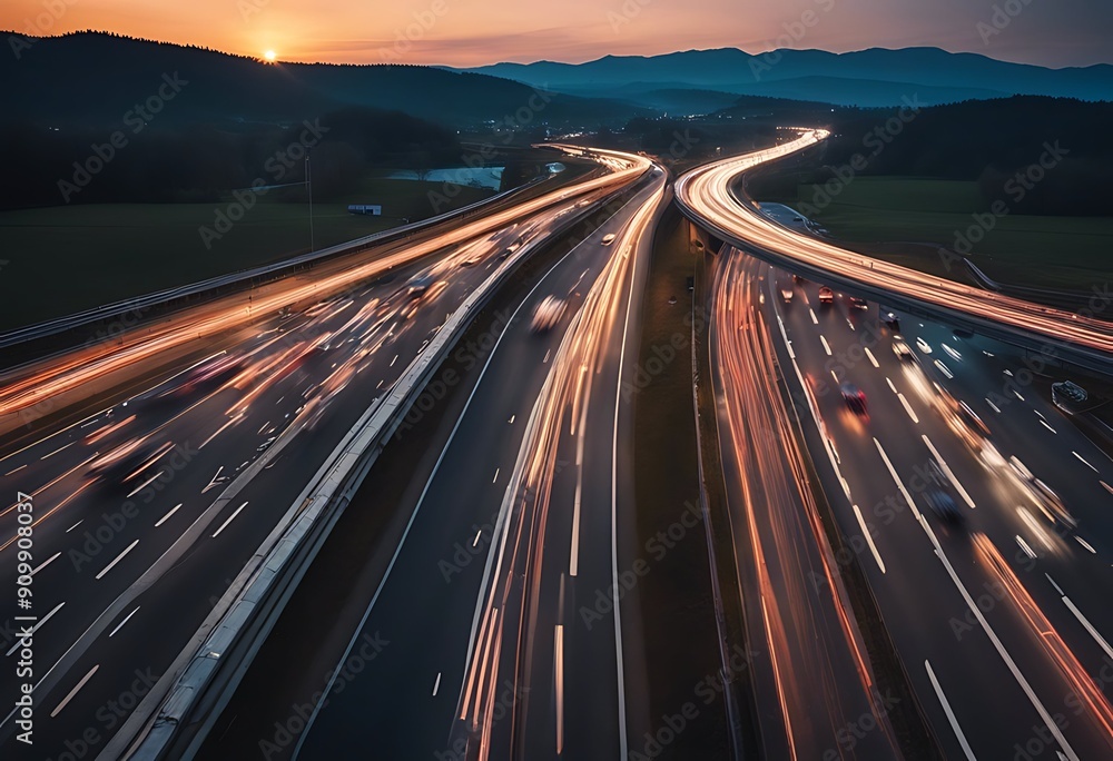 Wall mural long sunset german exposure highway expressway autobahn abstract background blue blur blurred busine