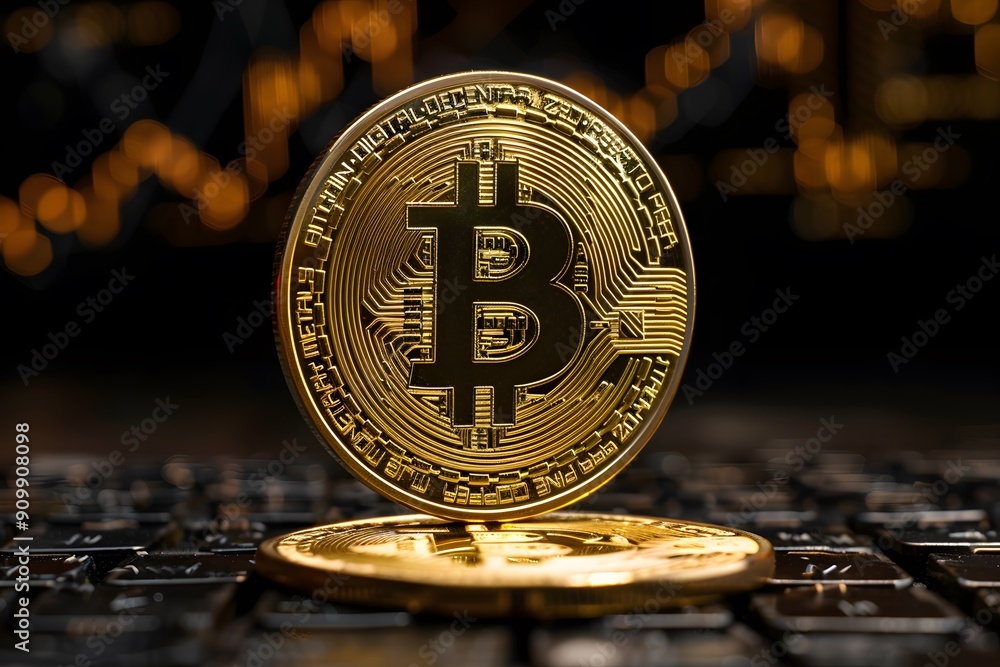 Poster bitcoin cryptocurrency coin on keyboard with blurred financial graph background