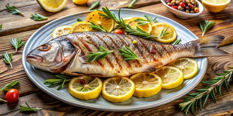 Freshly grilled fish with sliced lemon and sprigs of rosemary, served with ripe vegetables and herbs, evoking a perfect Mediterranean-inspired summer meal on a warm outdoor table.