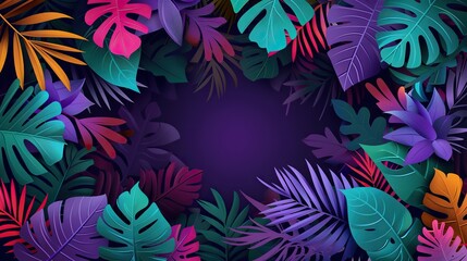 Naklejka premium A vibrant and tropical illustration featuring a variety of colorful exotic leaves with copy space in the center