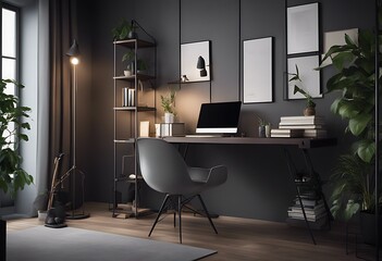 the desk space metal plant fresh hairpin interior book empty rack monitor chair armchair computer living Dark study home room foreground screen grey background open office corner plants book