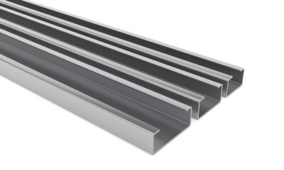 Metal steel products, U Channel for construction, stainless steel profile, 3D rendering.