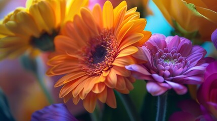 Fototapeta premium colorful summer cut flower bouquet close up orange purple yellow and pink : Generative AI